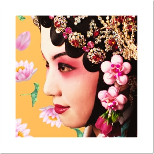 Chinese Opera Star with Lotus Flowers Custard Yellow- Hong Kong Retro Posters and Art